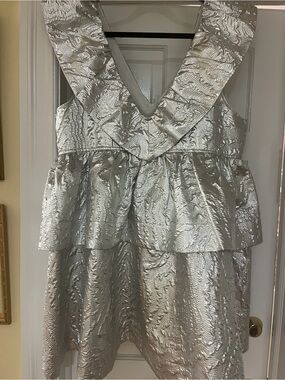 Ganni Metallic Silver Peplum Party Dress